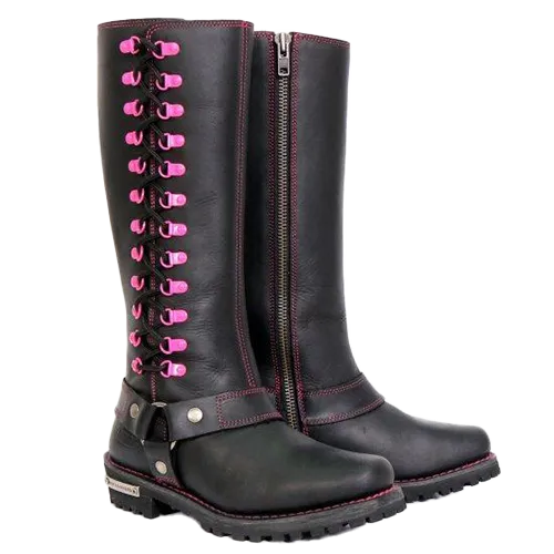 14-Inch Knee-High Harness Boot with Pink Accents