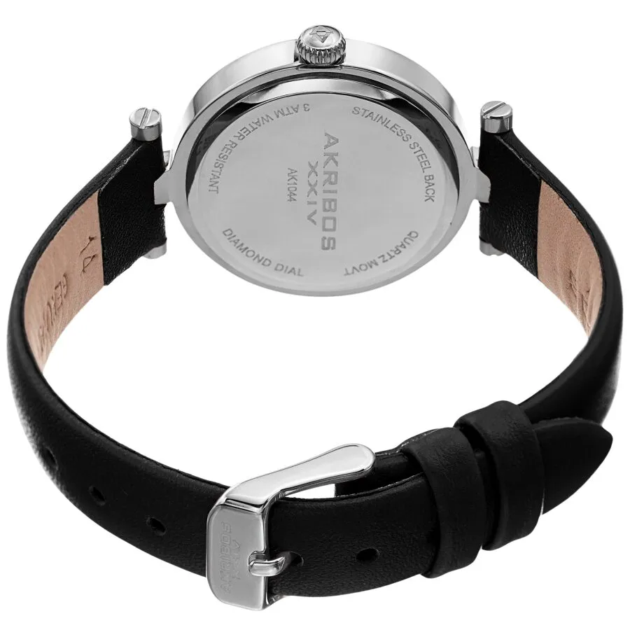 Akribos Xxiv Diamond Silver Dial Black Leather Ladies Watch AK1044SSB