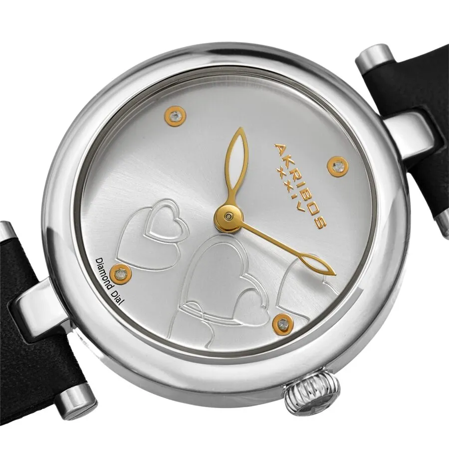 Akribos Xxiv Diamond Silver Dial Black Leather Ladies Watch AK1044SSB