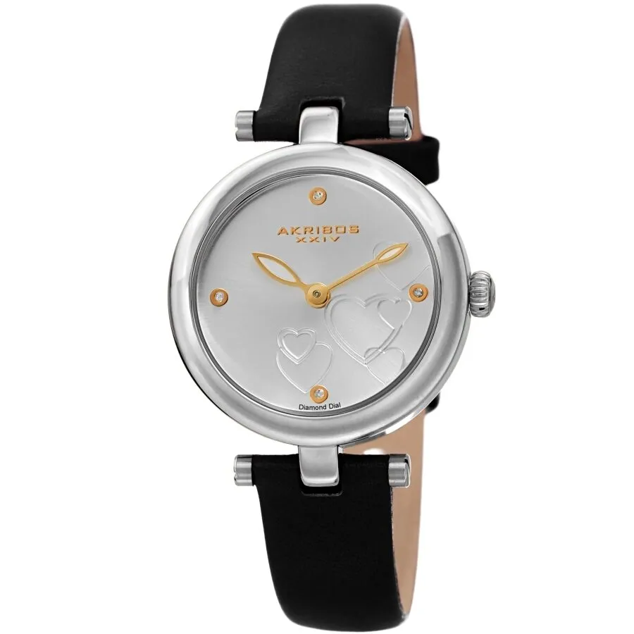 Akribos Xxiv Diamond Silver Dial Black Leather Ladies Watch AK1044SSB