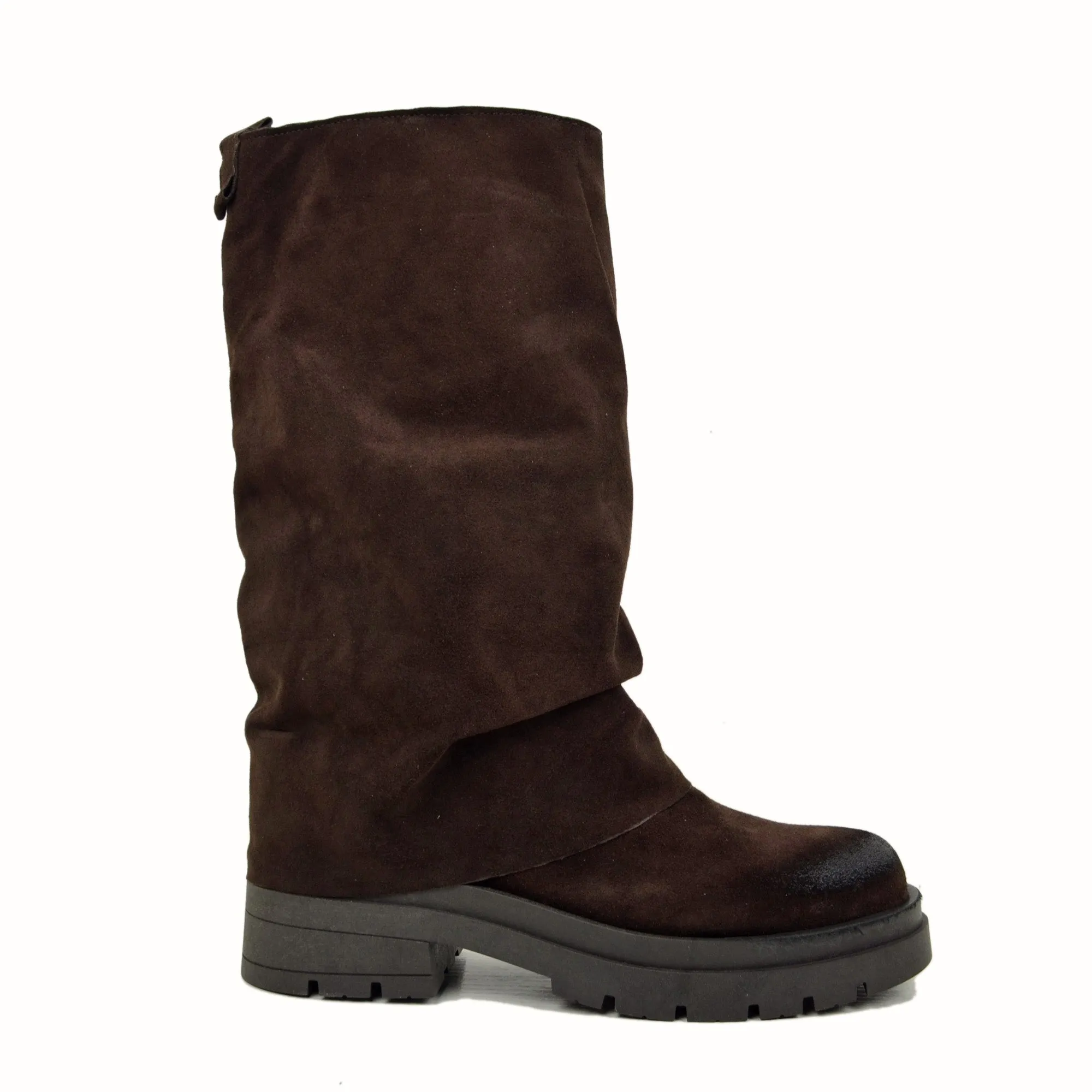 Biker Boots Marroni con Ghetta in Pelle Scamosciata Fondo Platform Pianta Larga
