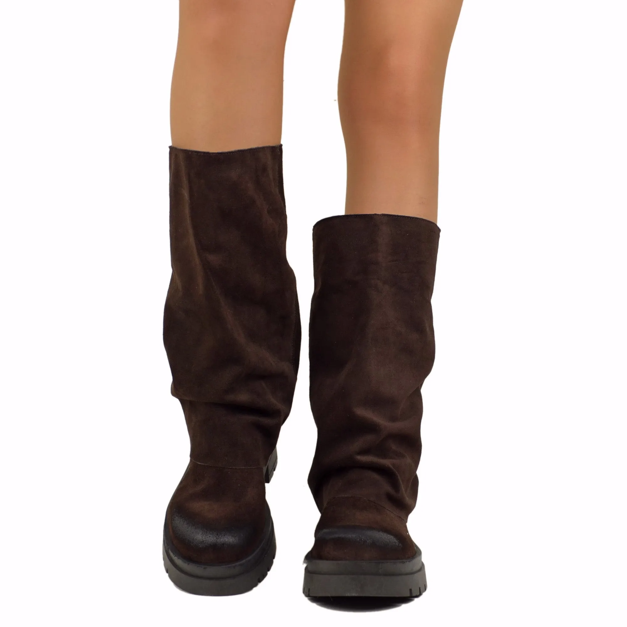 Biker Boots Marroni con Ghetta in Pelle Scamosciata Fondo Platform Pianta Larga