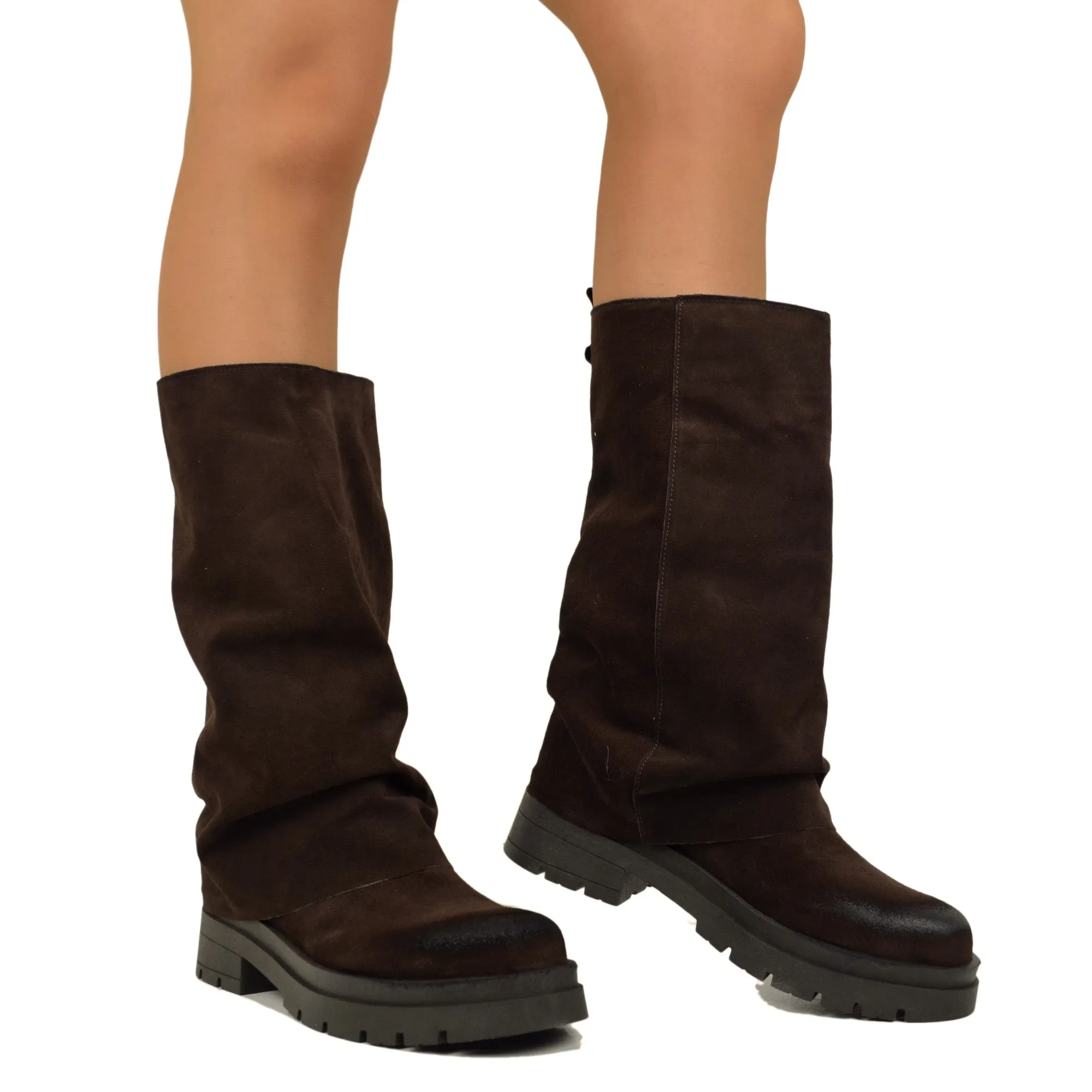 Biker Boots Marroni con Ghetta in Pelle Scamosciata Fondo Platform Pianta Larga