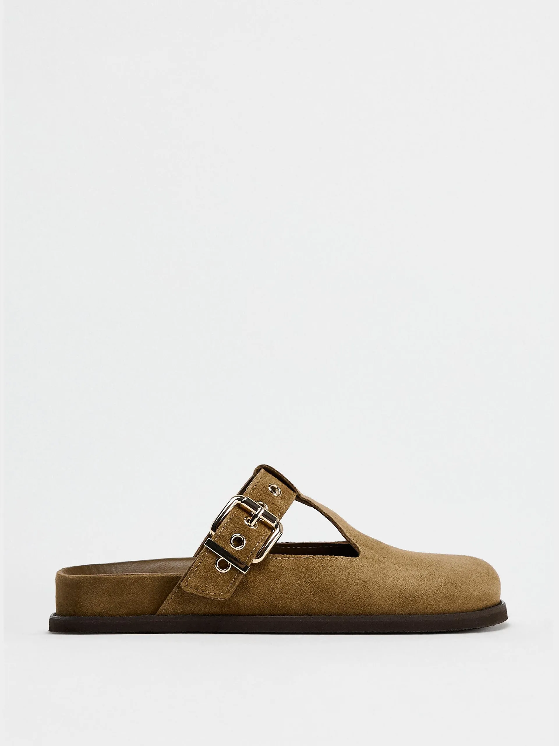 Buckle detail split suede clogs