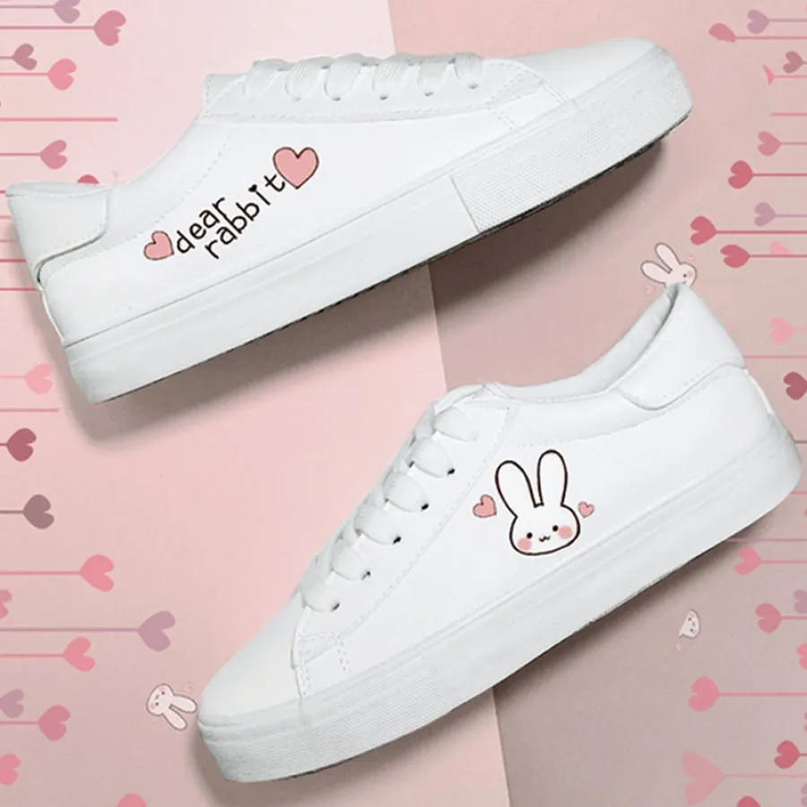 Bunny Kitty Print Casual Shoes PU Slip-on Classic White