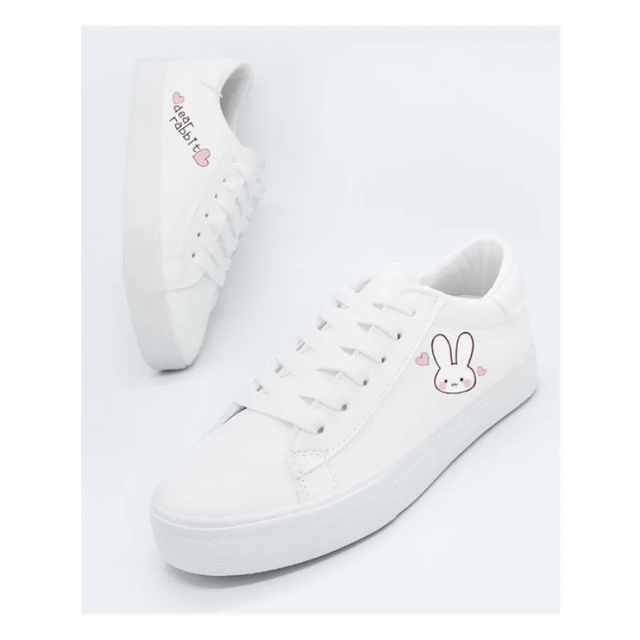 Bunny Kitty Print Casual Shoes PU Slip-on Classic White