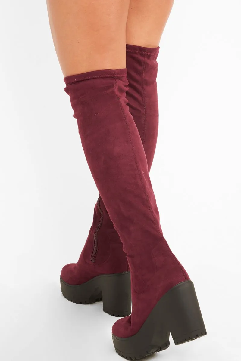 Burgundy Suede Platform Knee High Boots - Sandy