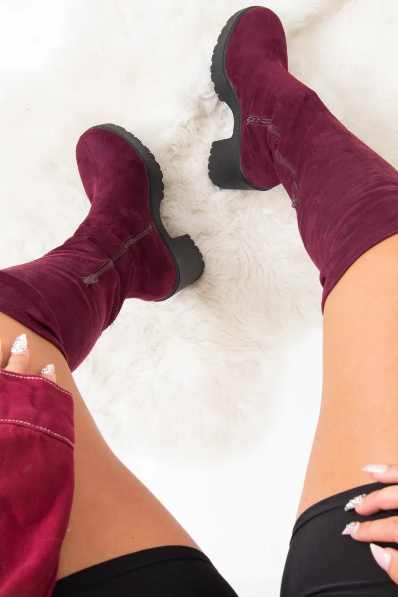 Burgundy Suede Platform Knee High Boots - Sandy