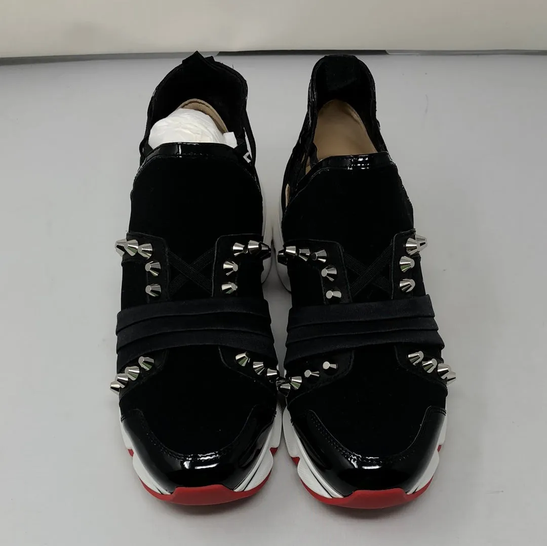 Christian Louboutin Black Scuba with Silver Stud and Red Bottom Slip On Sneaker
