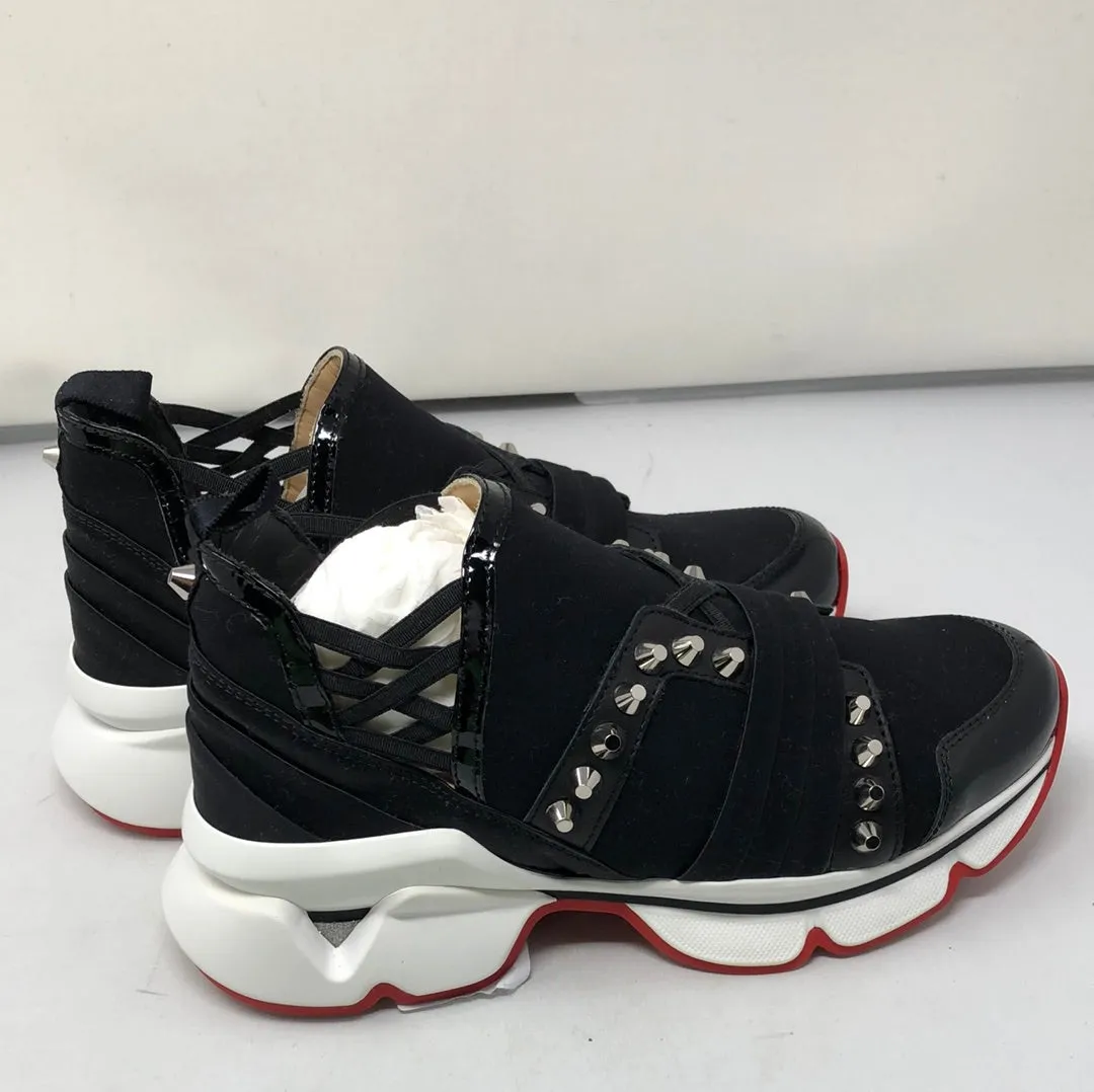 Christian Louboutin Black Scuba with Silver Stud and Red Bottom Slip On Sneaker