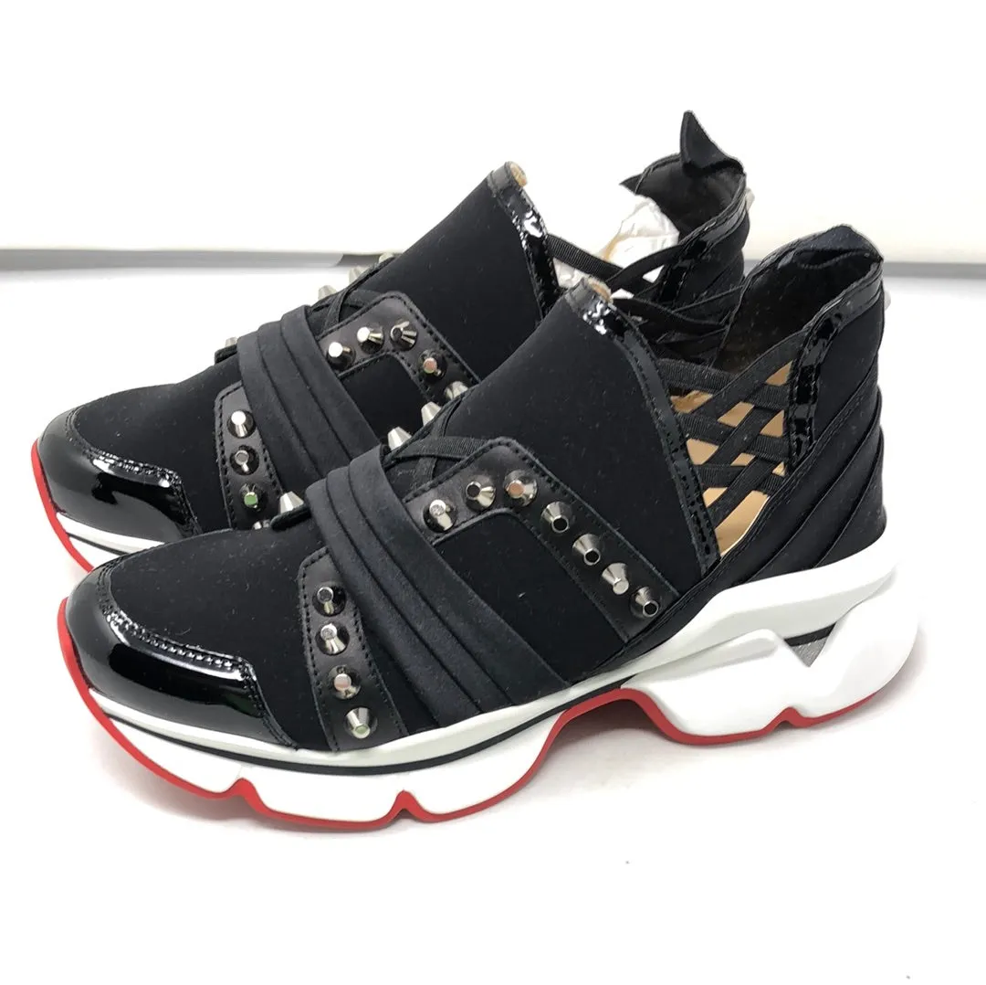 Christian Louboutin Black Scuba with Silver Stud and Red Bottom Slip On Sneaker