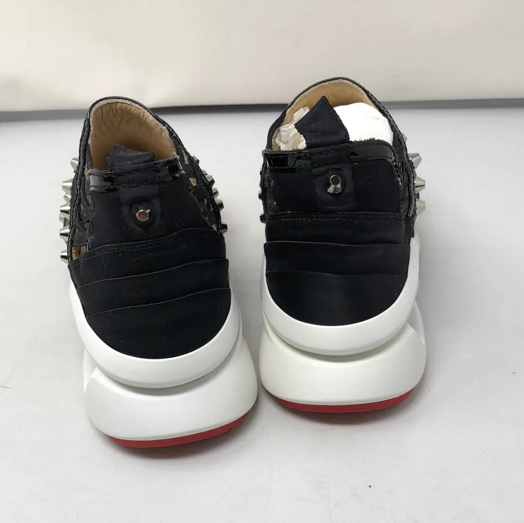 Christian Louboutin Black Scuba with Silver Stud and Red Bottom Slip On Sneaker