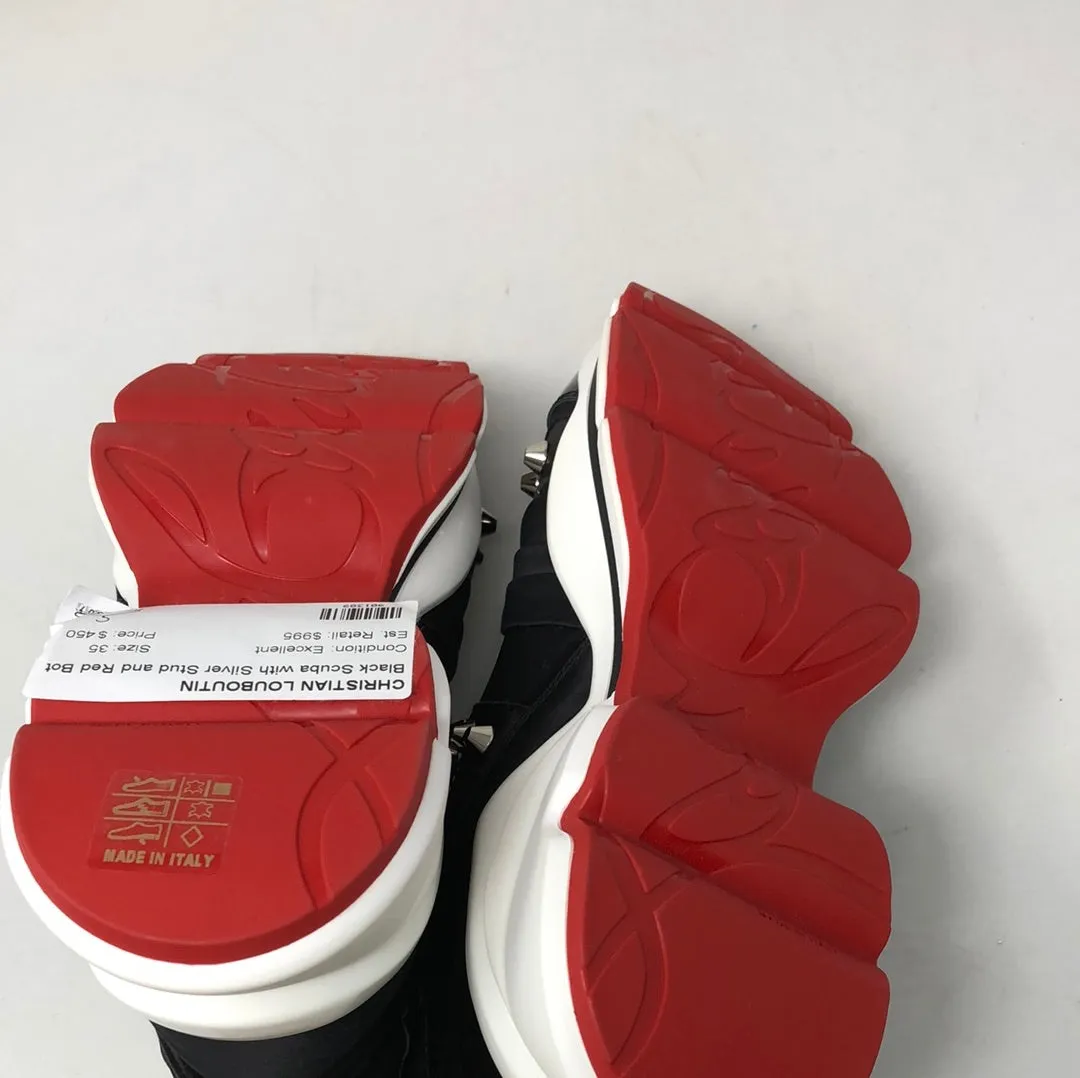 Christian Louboutin Black Scuba with Silver Stud and Red Bottom Slip On Sneaker