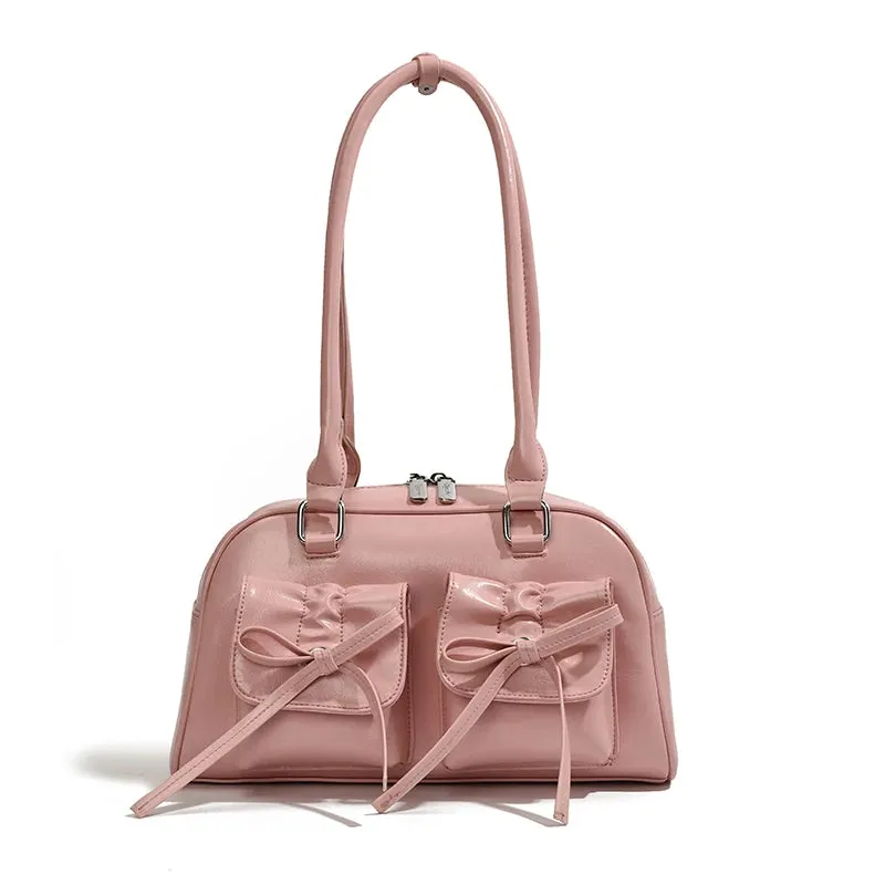 Cute Bow Tie Design Underarm Bags Y2K Fashion Handbags and Purses PU Leather Shoulder Bag