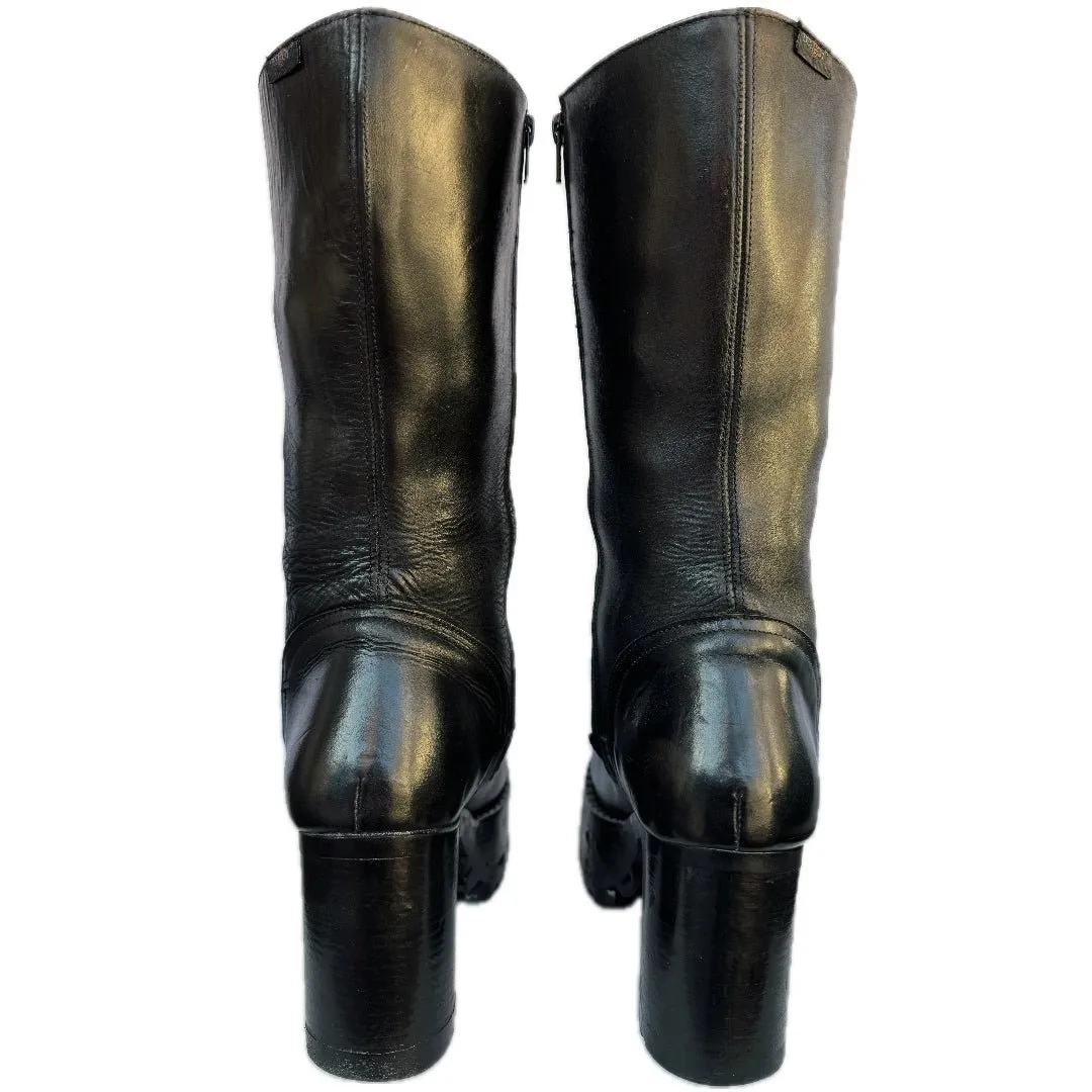 DESTROY Vintage Y2K Platform Chunky Square Toe Tall Black Leather Boots
