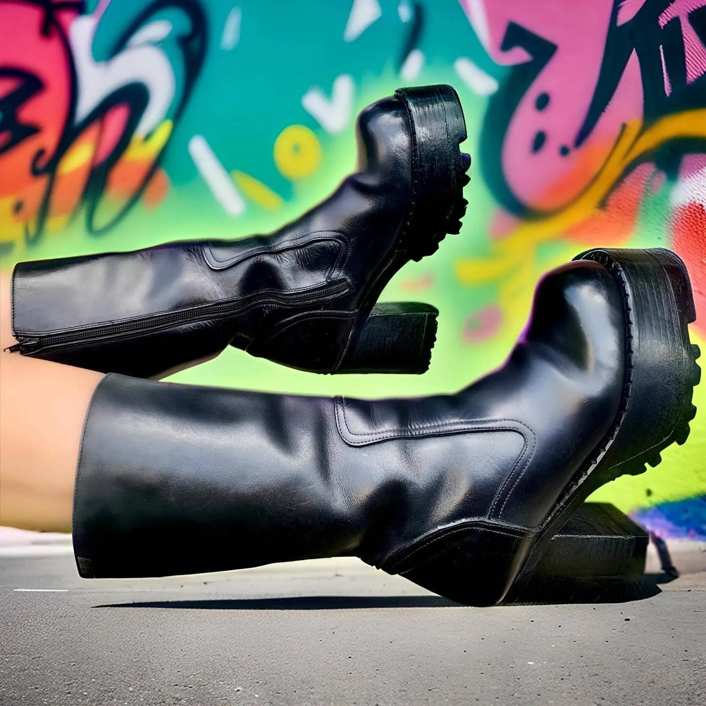 DESTROY Vintage Y2K Platform Chunky Square Toe Tall Black Leather Boots