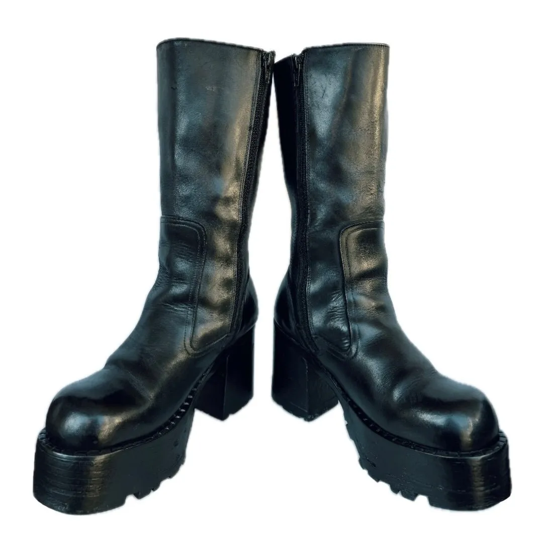 DESTROY Vintage Y2K Platform Chunky Square Toe Tall Black Leather Boots
