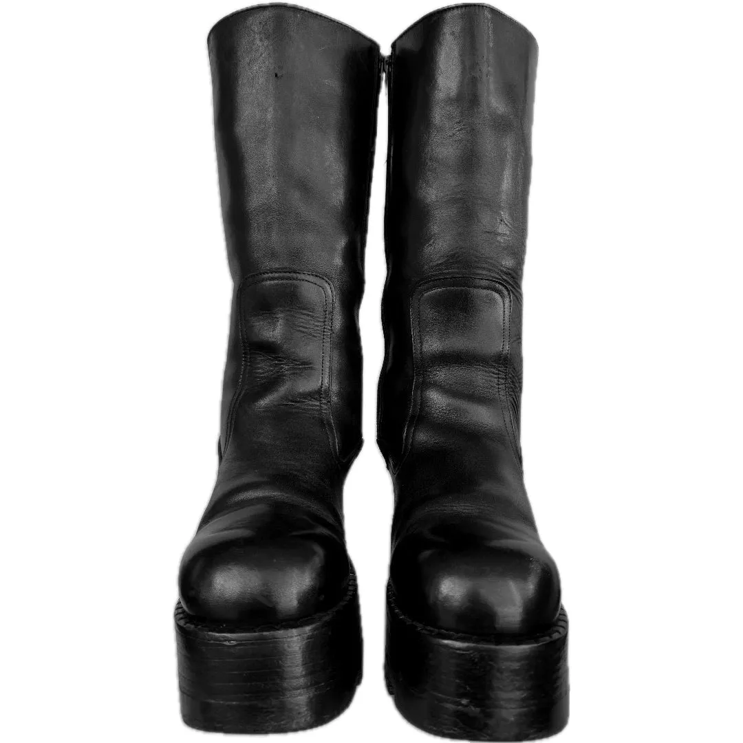 DESTROY Vintage Y2K Platform Chunky Square Toe Tall Black Leather Boots