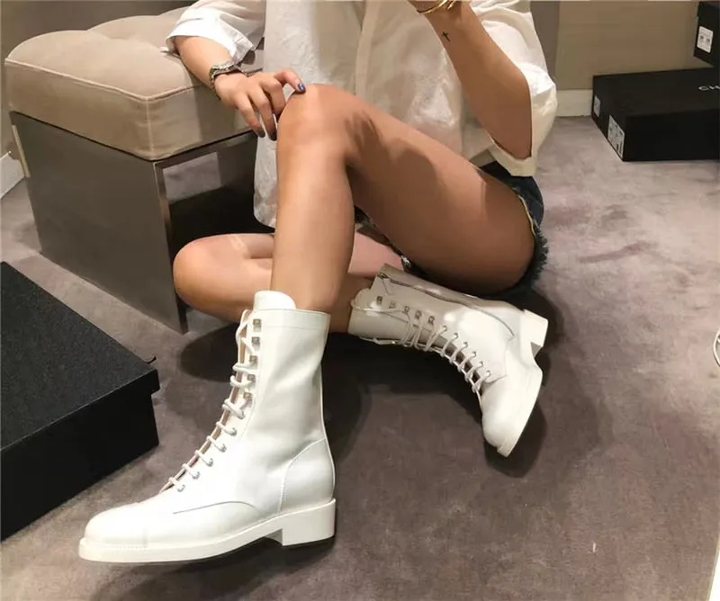 Fashion Women Ankle Boots Genuine Leather High Heels Motorcycle Boots Autumn Winter Rivets Punk Dancing Shoes Woman