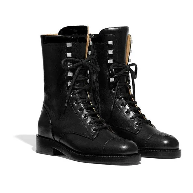 Fashion Women Ankle Boots Genuine Leather High Heels Motorcycle Boots Autumn Winter Rivets Punk Dancing Shoes Woman