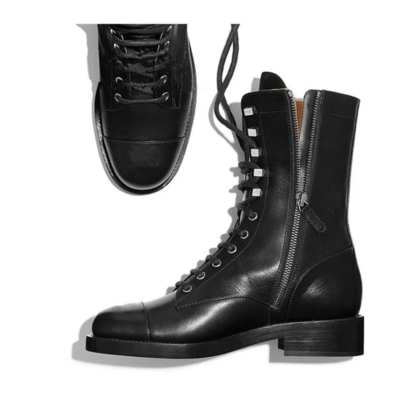 Fashion Women Ankle Boots Genuine Leather High Heels Motorcycle Boots Autumn Winter Rivets Punk Dancing Shoes Woman