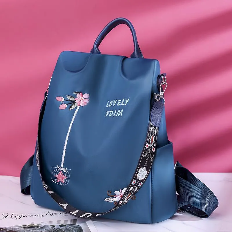 Floral Embroidered Large Capacity Anti-Theft Design Backpack Shoulder Bag Two-Way To Carry