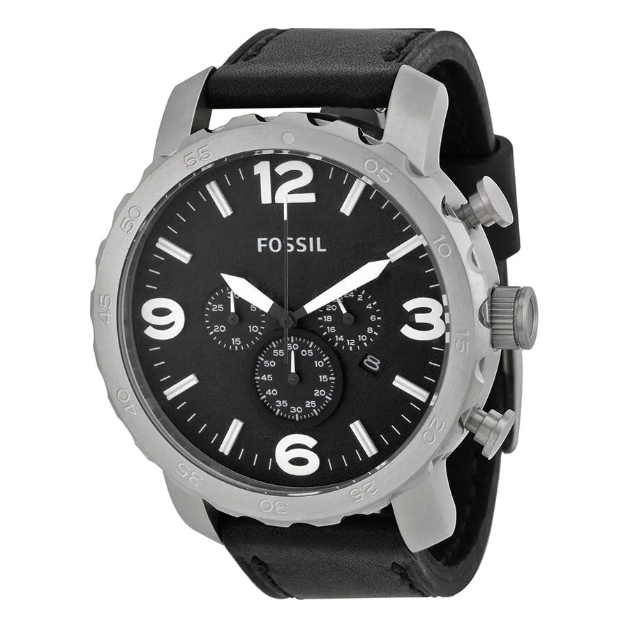 Fossil Nate Chronograph Black Dial Black Leather Men's Watch JR1436