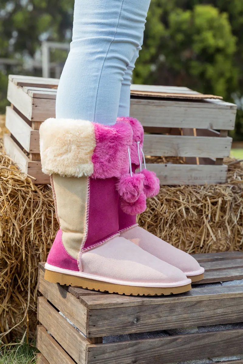 Fringe Ball Color Contrast Suede Boots - Pink