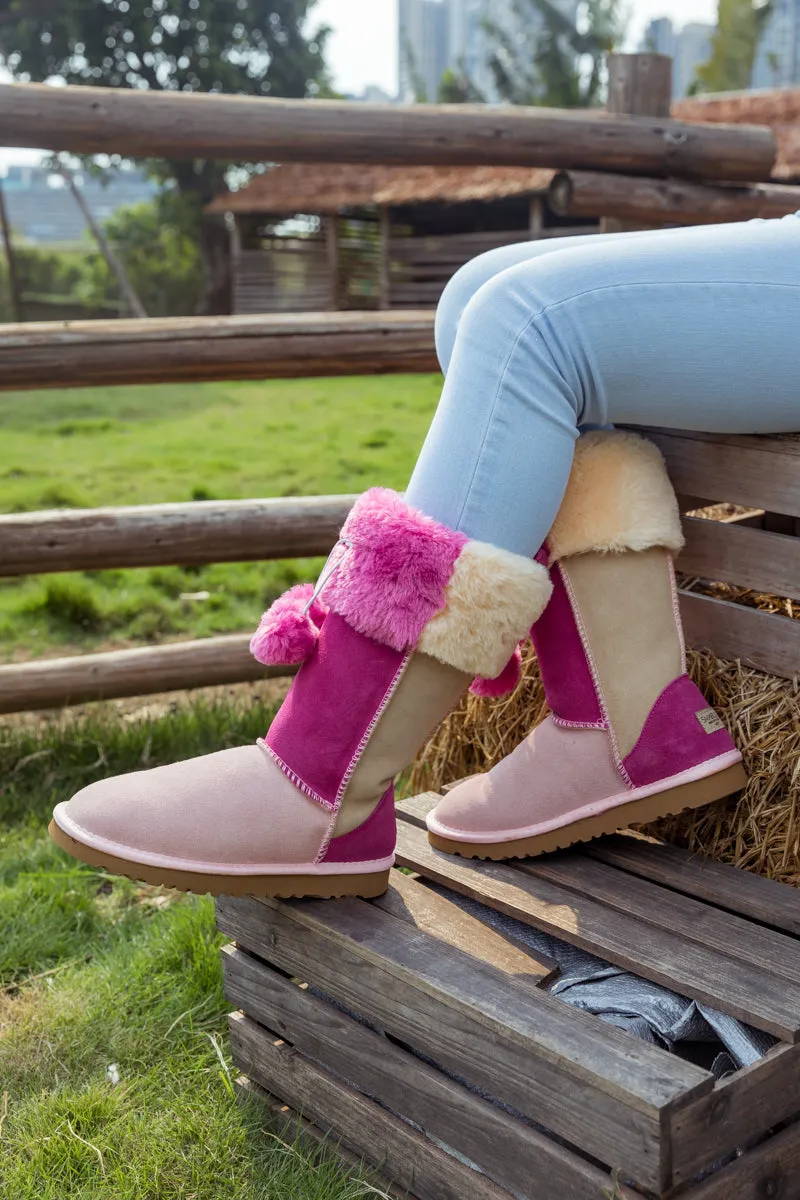 Fringe Ball Color Contrast Suede Boots - Pink