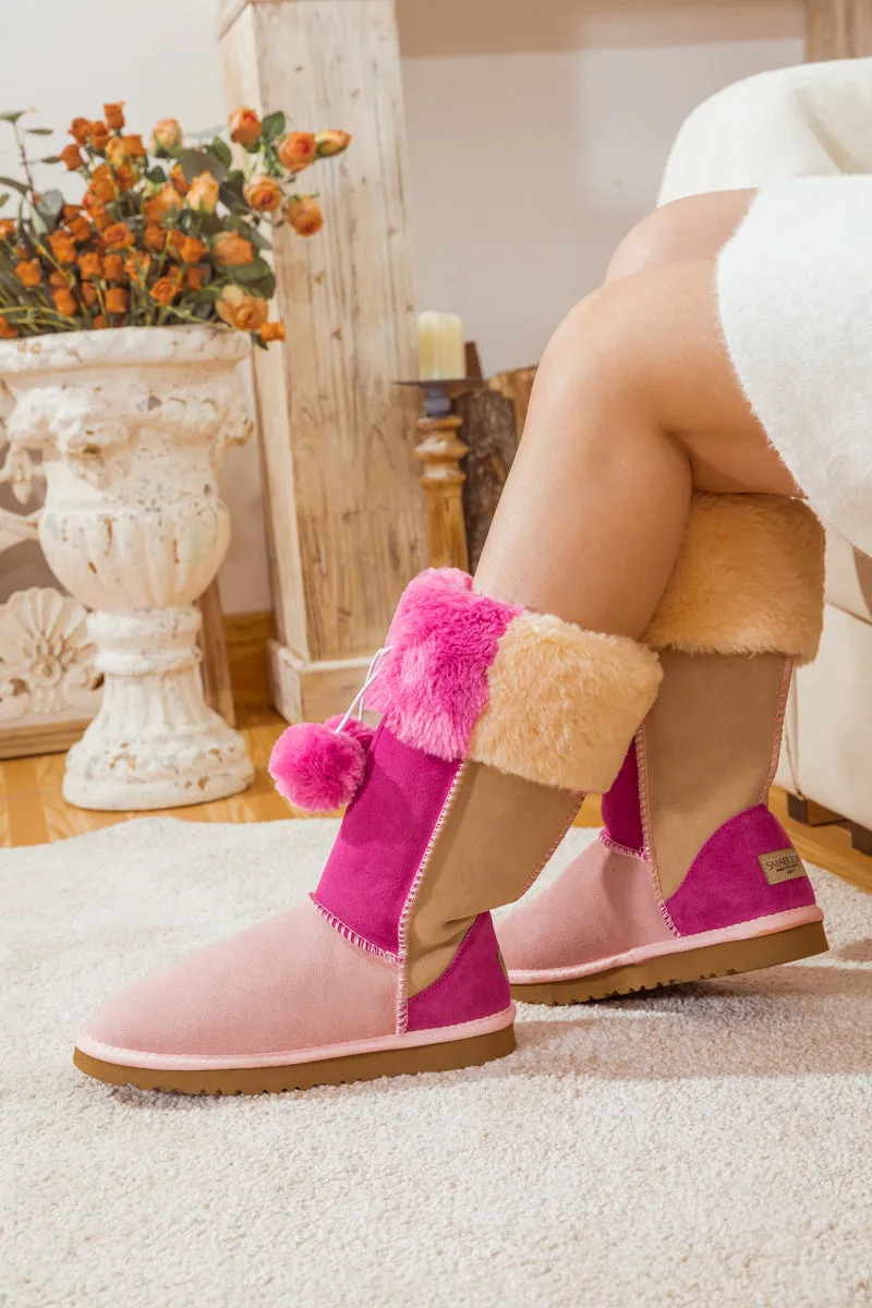 Fringe Ball Color Contrast Suede Boots - Pink