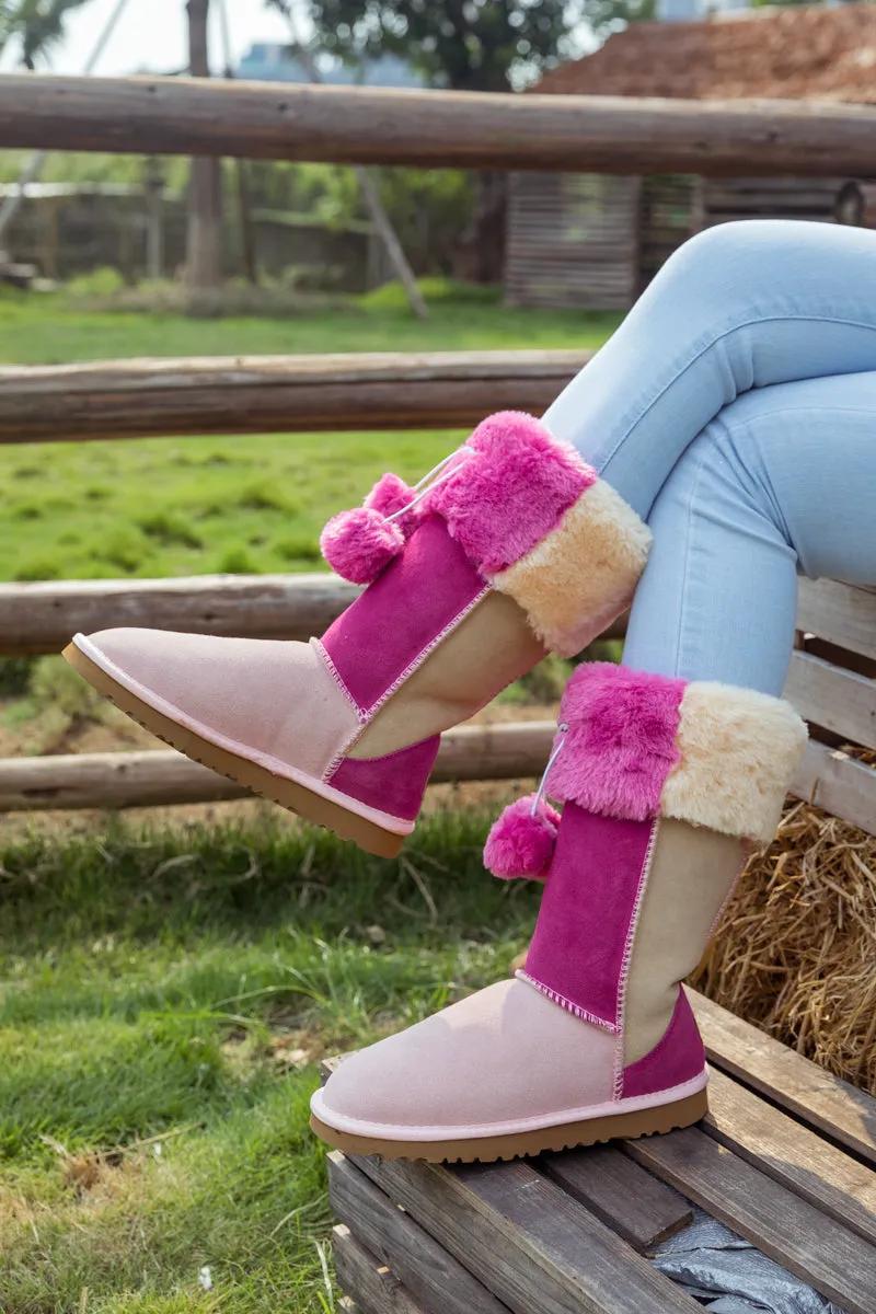 Fringe Ball Color Contrast Suede Boots - Pink