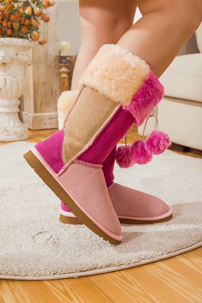 Fringe Ball Color Contrast Suede Boots - Pink