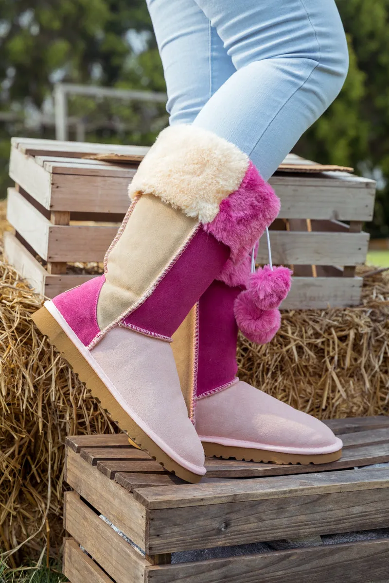 Fringe Ball Color Contrast Suede Boots - Pink