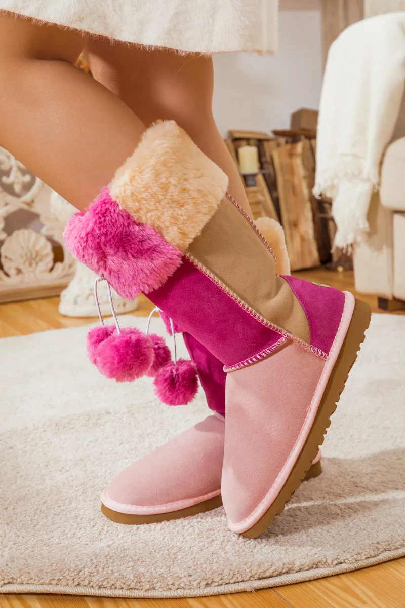 Fringe Ball Color Contrast Suede Boots - Pink
