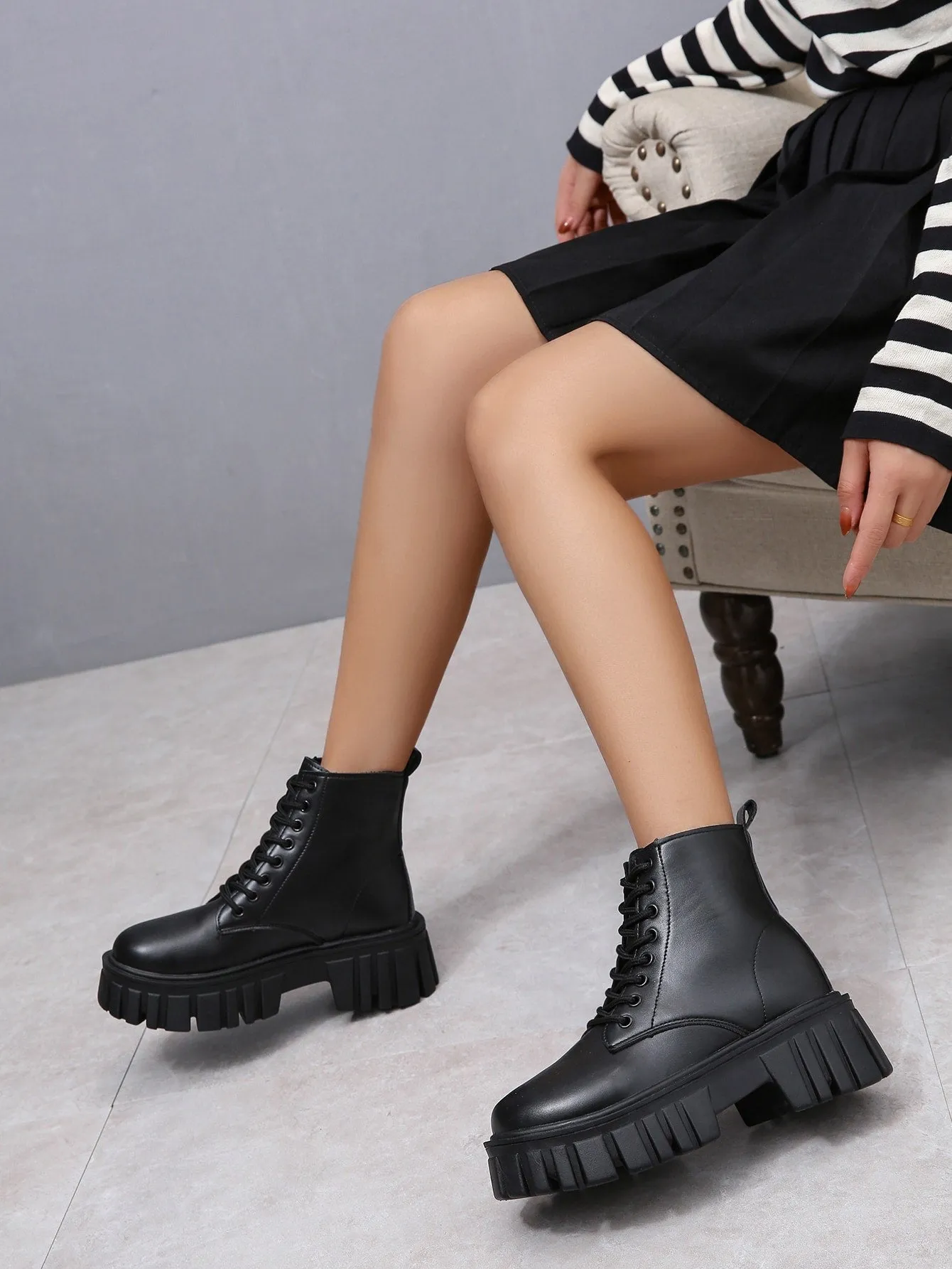 Front Lace-up Combat Boots - Black- FD ⚡