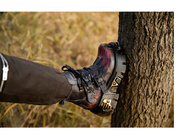 Gothic Women's Shoes Genuine Leather Cowhide High Heel Lace Up Motorcycle Boots Platform Comfort High Tops Ankle Boot