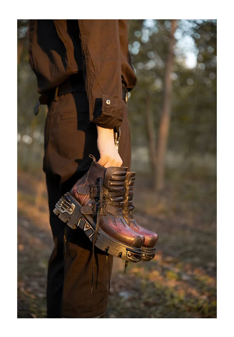 Gothic Women's Shoes Genuine Leather Cowhide High Heel Lace Up Motorcycle Boots Platform Comfort High Tops Ankle Boot