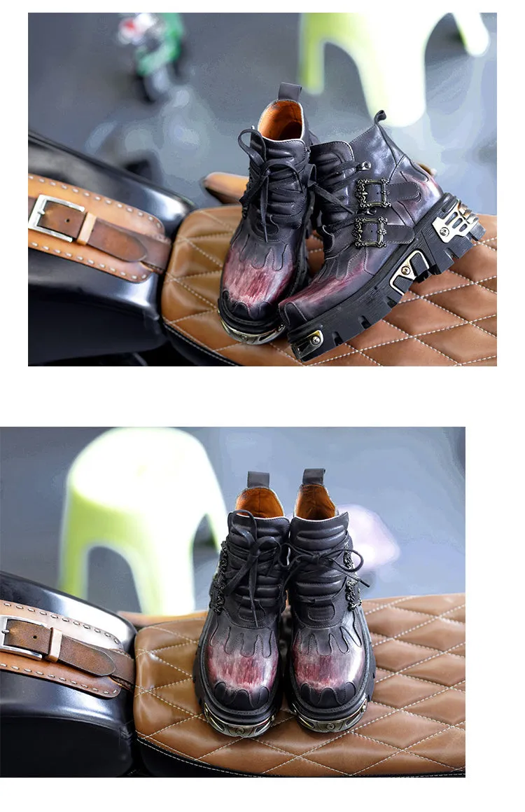 Gothic Women's Shoes Genuine Leather Cowhide High Heel Lace Up Motorcycle Boots Platform Comfort High Tops Ankle Boot