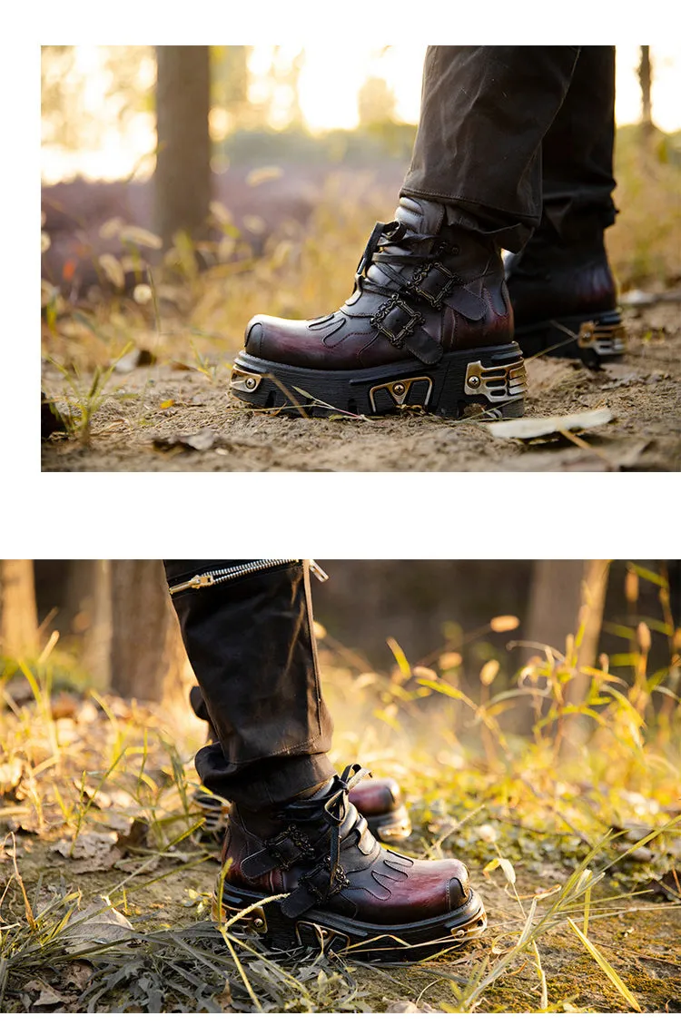 Gothic Women's Shoes Genuine Leather Cowhide High Heel Lace Up Motorcycle Boots Platform Comfort High Tops Ankle Boot