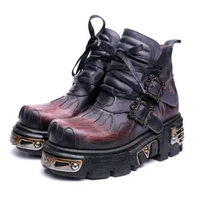 Gothic Women's Shoes Genuine Leather Cowhide High Heel Lace Up Motorcycle Boots Platform Comfort High Tops Ankle Boot