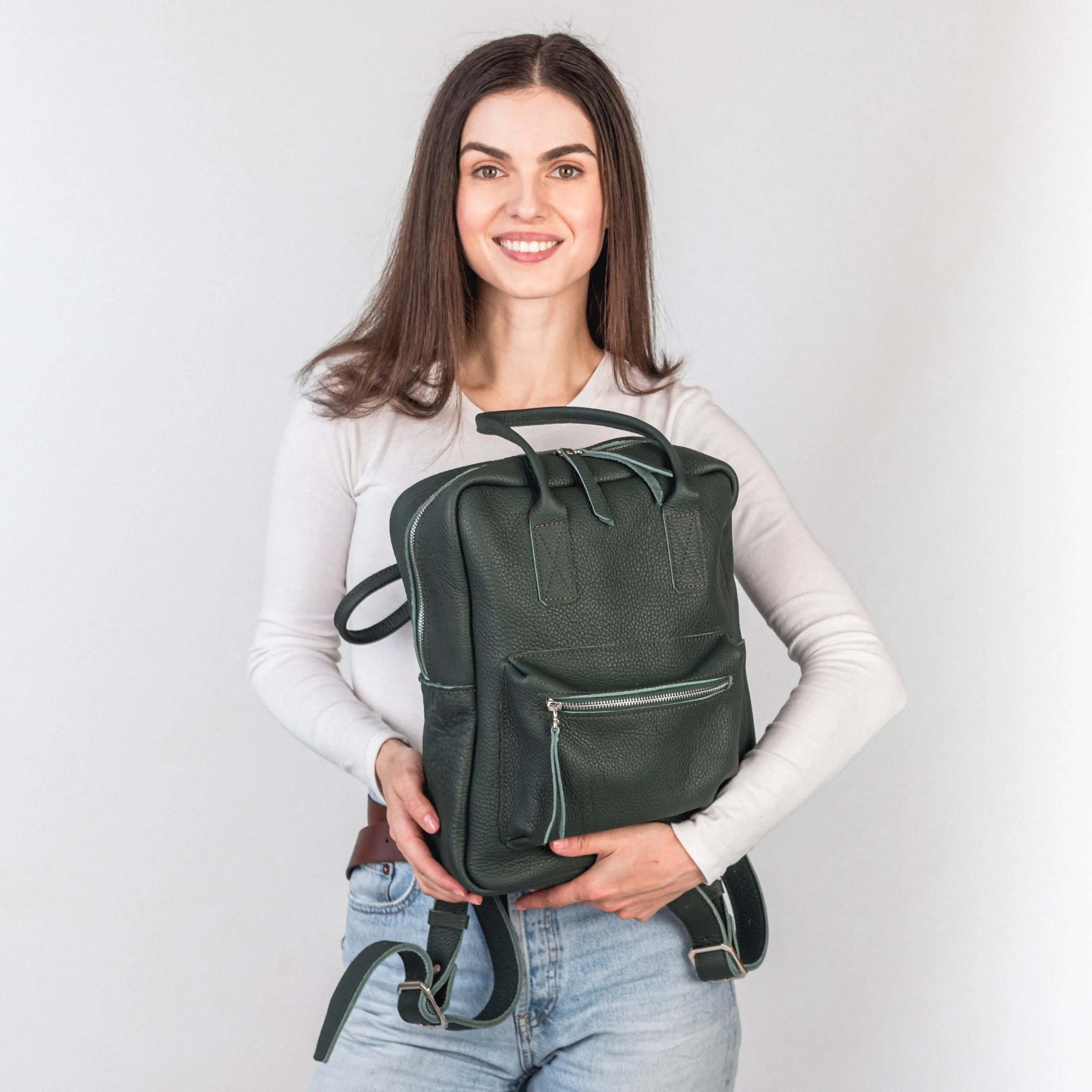 Green pebbled  leather city backpack
