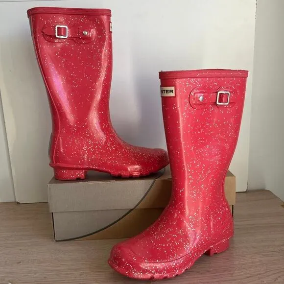 Hunter Original Tall Pink Glitter Buckle Boots Kids - SZ 3 Boy/ 4 Girl