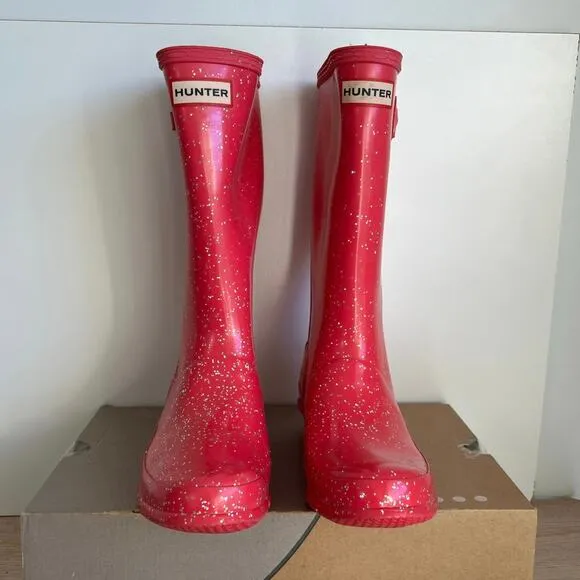 Hunter Original Tall Pink Glitter Buckle Boots Kids - SZ 3 Boy/ 4 Girl