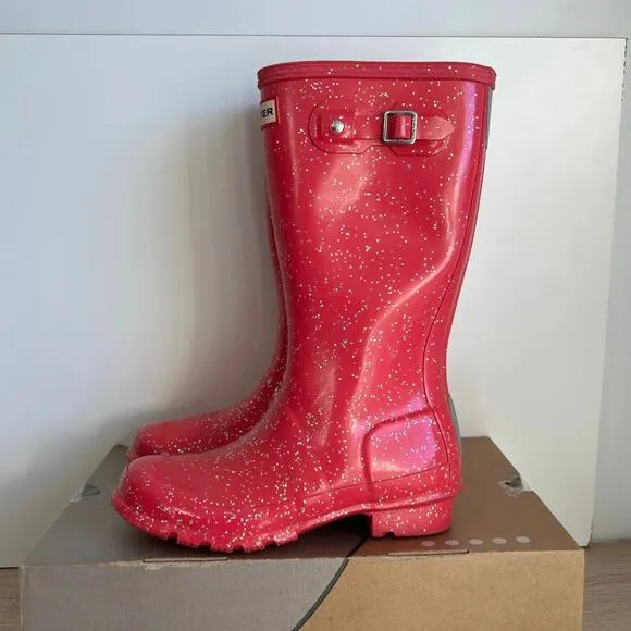 Hunter Original Tall Pink Glitter Buckle Boots Kids - SZ 3 Boy/ 4 Girl