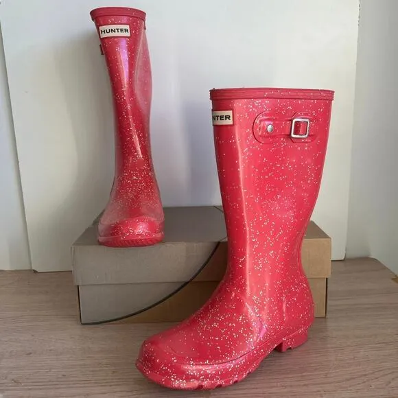 Hunter Original Tall Pink Glitter Buckle Boots Kids - SZ 3 Boy/ 4 Girl