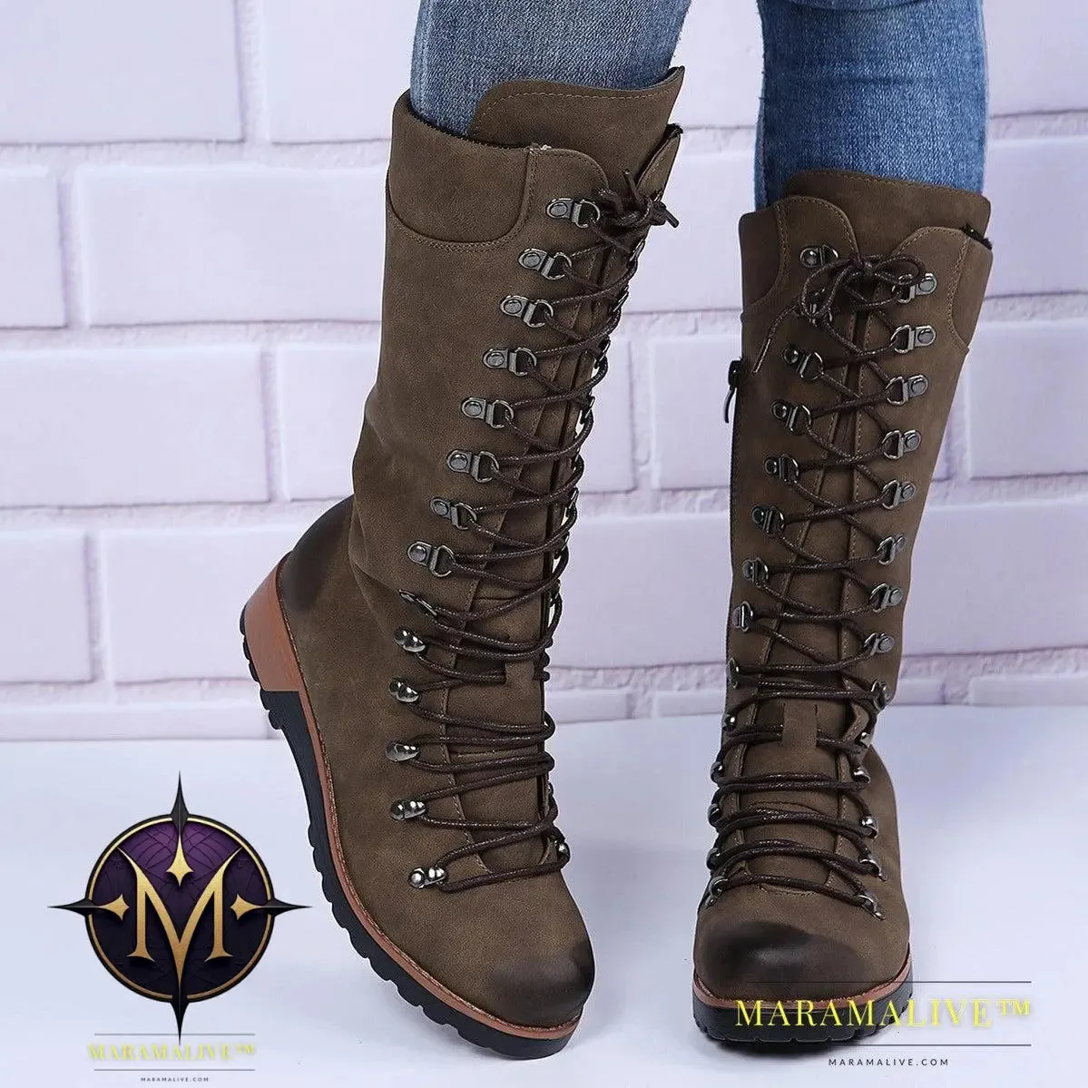 Lace-Up Combat Boot Winter Cowboy Western Boots Women Vintage Platform Shoes