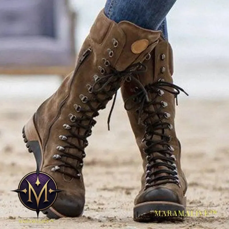 Lace-Up Combat Boot Winter Cowboy Western Boots Women Vintage Platform Shoes