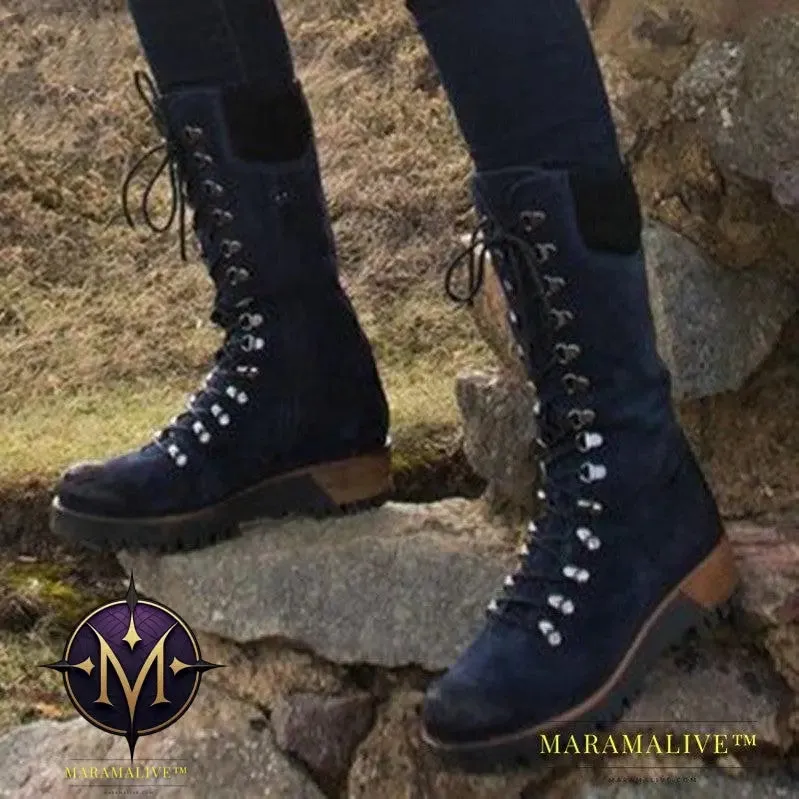Lace-Up Combat Boot Winter Cowboy Western Boots Women Vintage Platform Shoes
