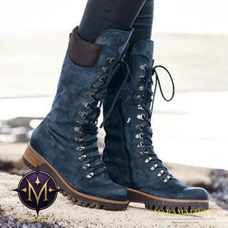 Lace-Up Combat Boot Winter Cowboy Western Boots Women Vintage Platform Shoes