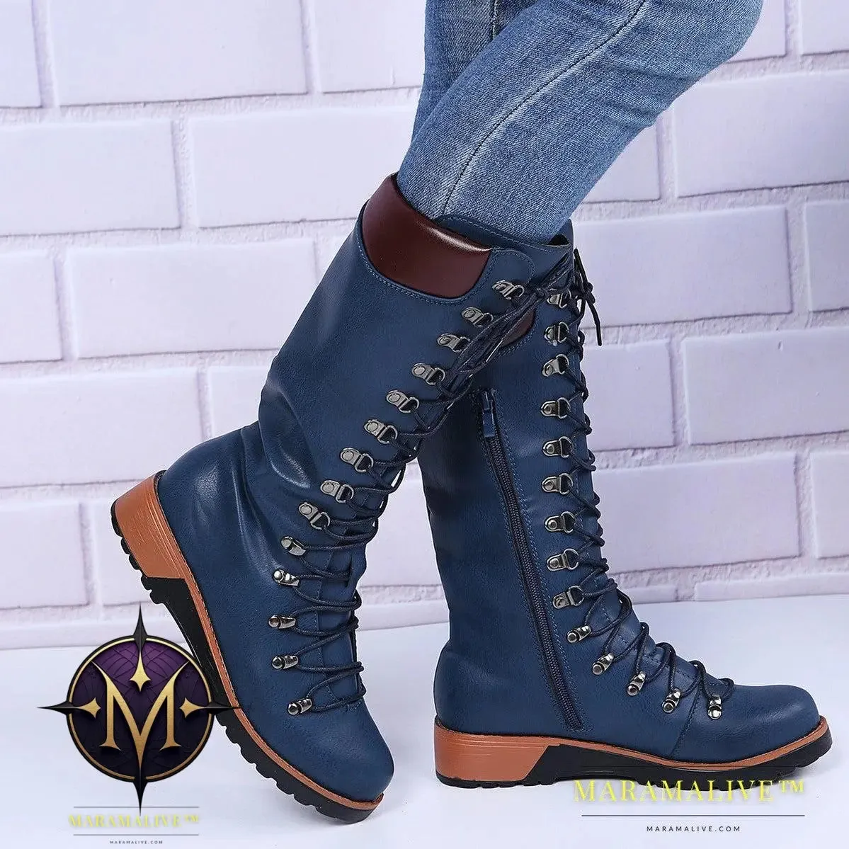Lace-Up Combat Boot Winter Cowboy Western Boots Women Vintage Platform Shoes